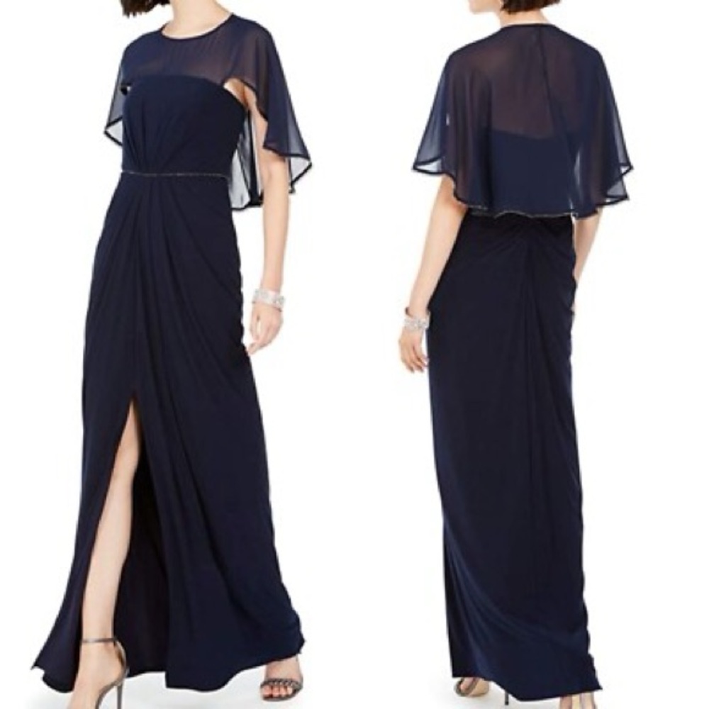 Adrianna Papell Navy Blue Sheath Cape Gown Size 6